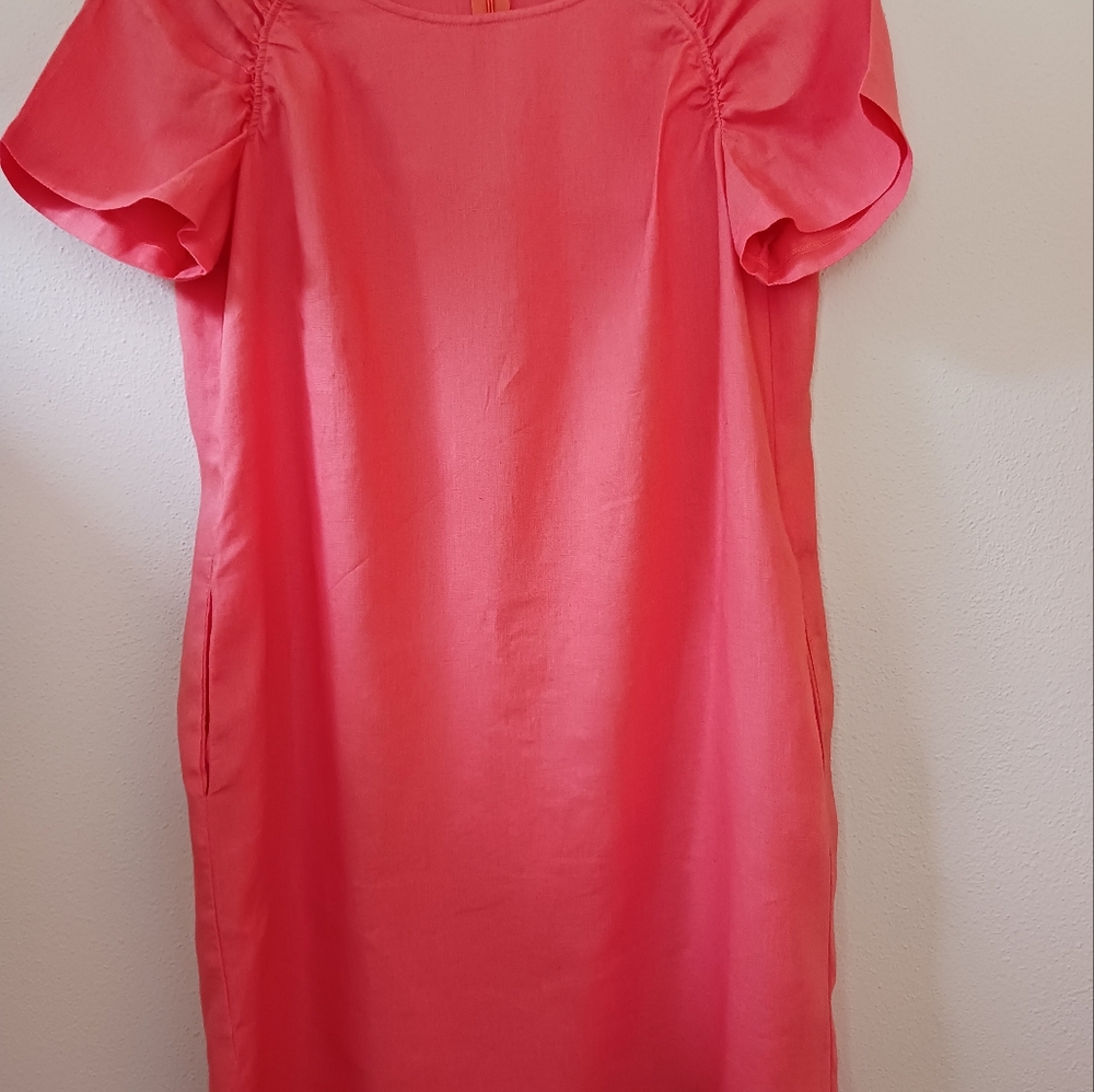 Amazhiyu Sz L/XL 40" Orange-Coral 100% Linen Square Neck Dress Ruched Sleeve Lin